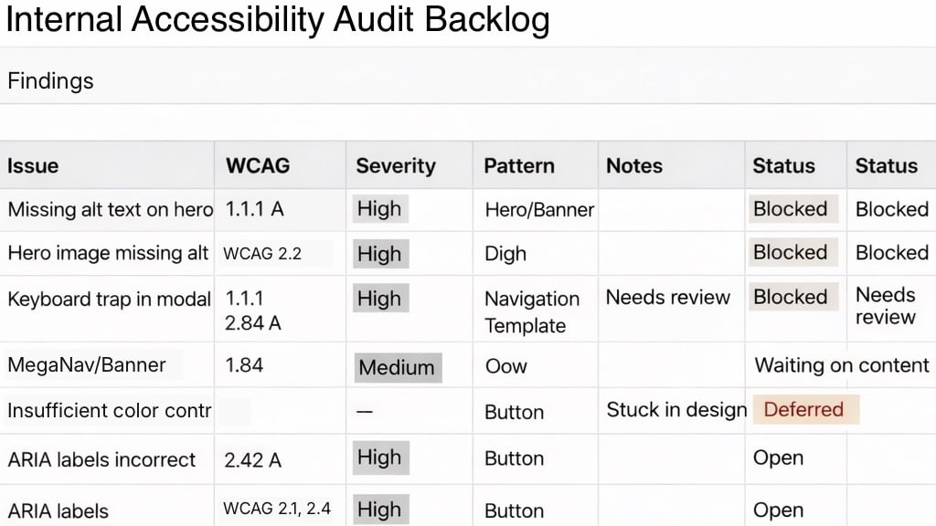 Accessibility audit backlog table excerpt (synthetic sample)