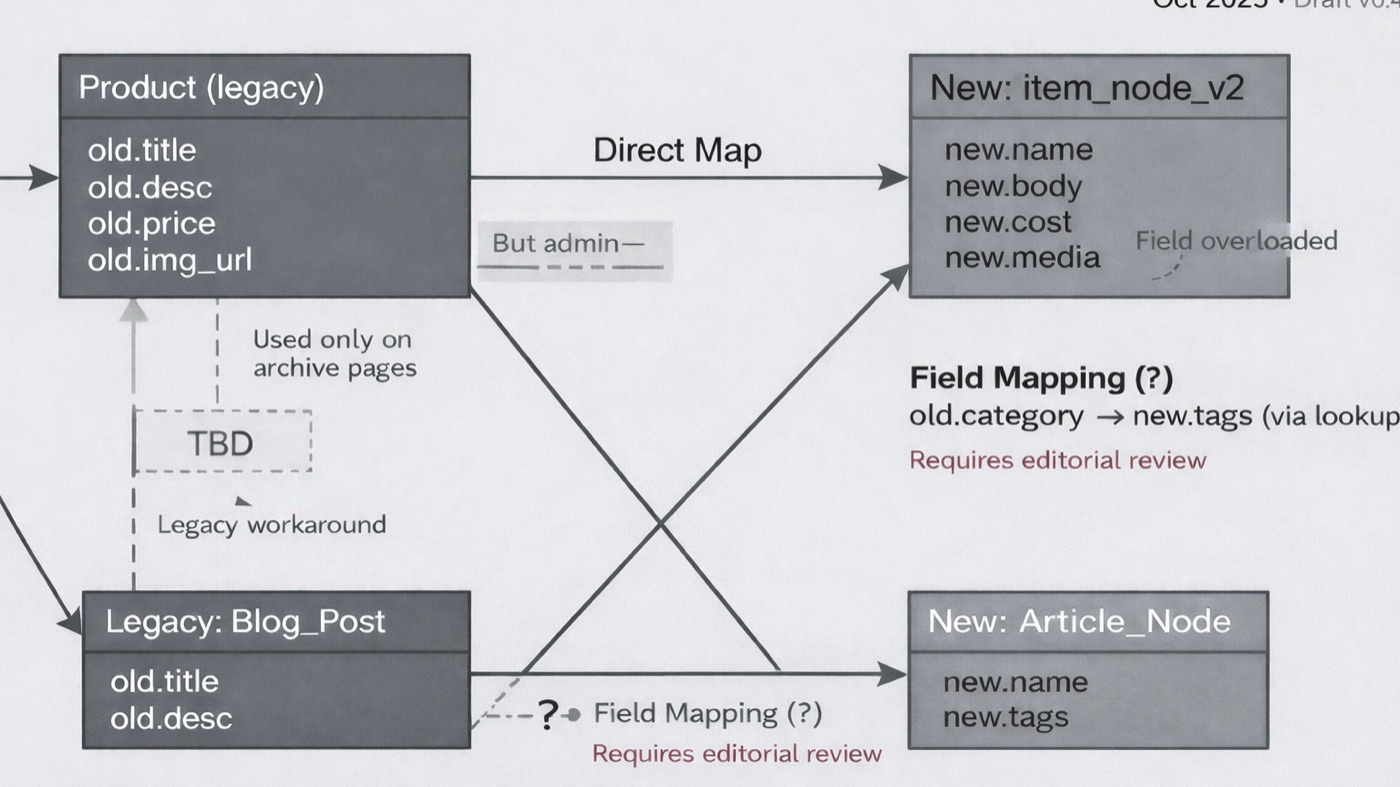 CMS migration content model mapping diagram (synthetic sample)