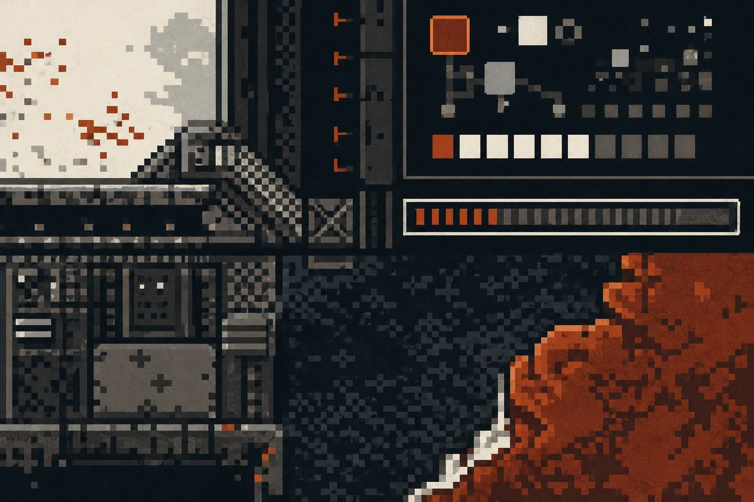 A 16-bit-style game interface: a HUD grid of icons, meters, and dark unused tiles pressed against a small pixel-art landscape, illustrating how every pixel on the old screens carried a job.