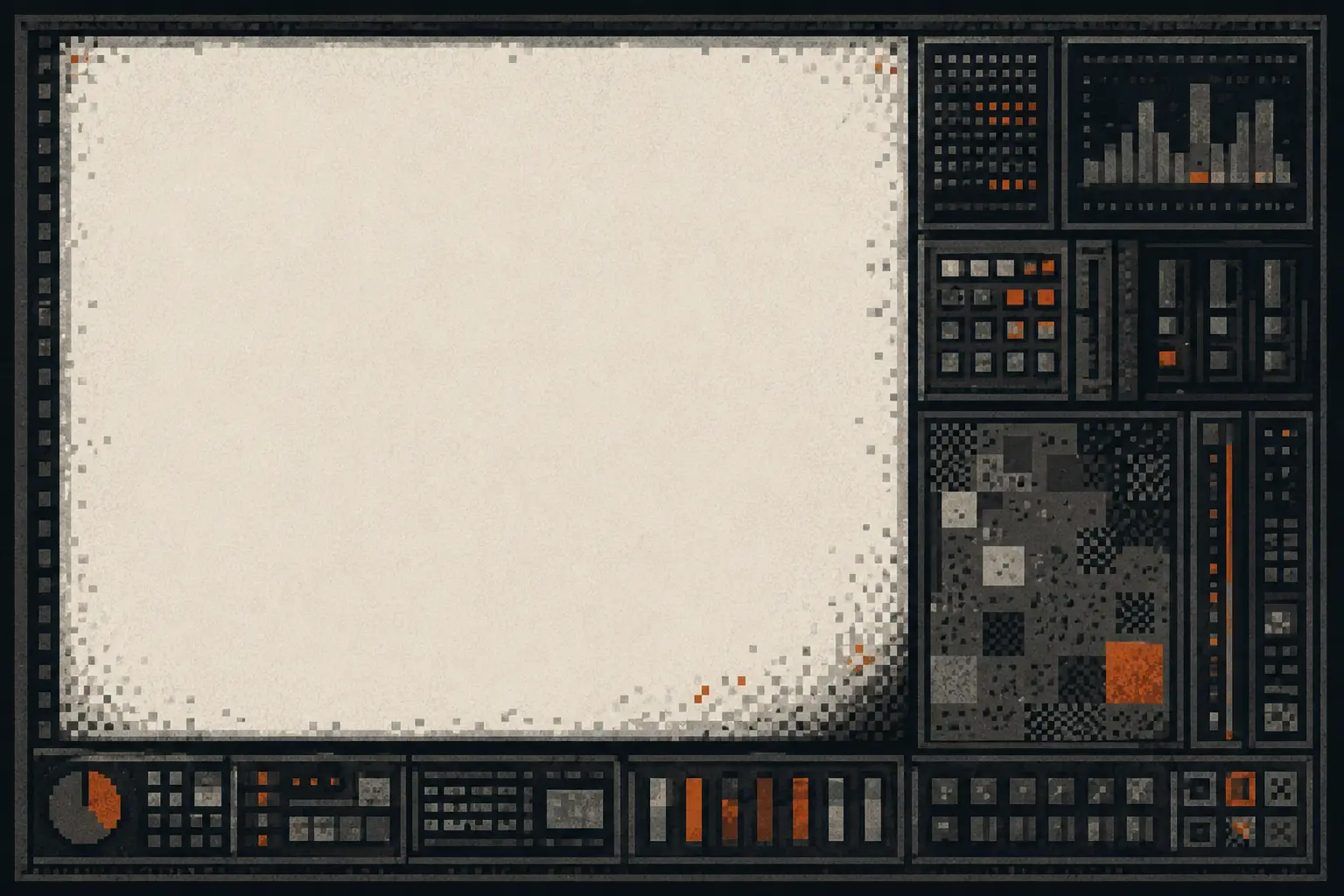 A large pale vacant field occupies most of a finite composition while dense dark information regions are compressed along its right and lower edges.